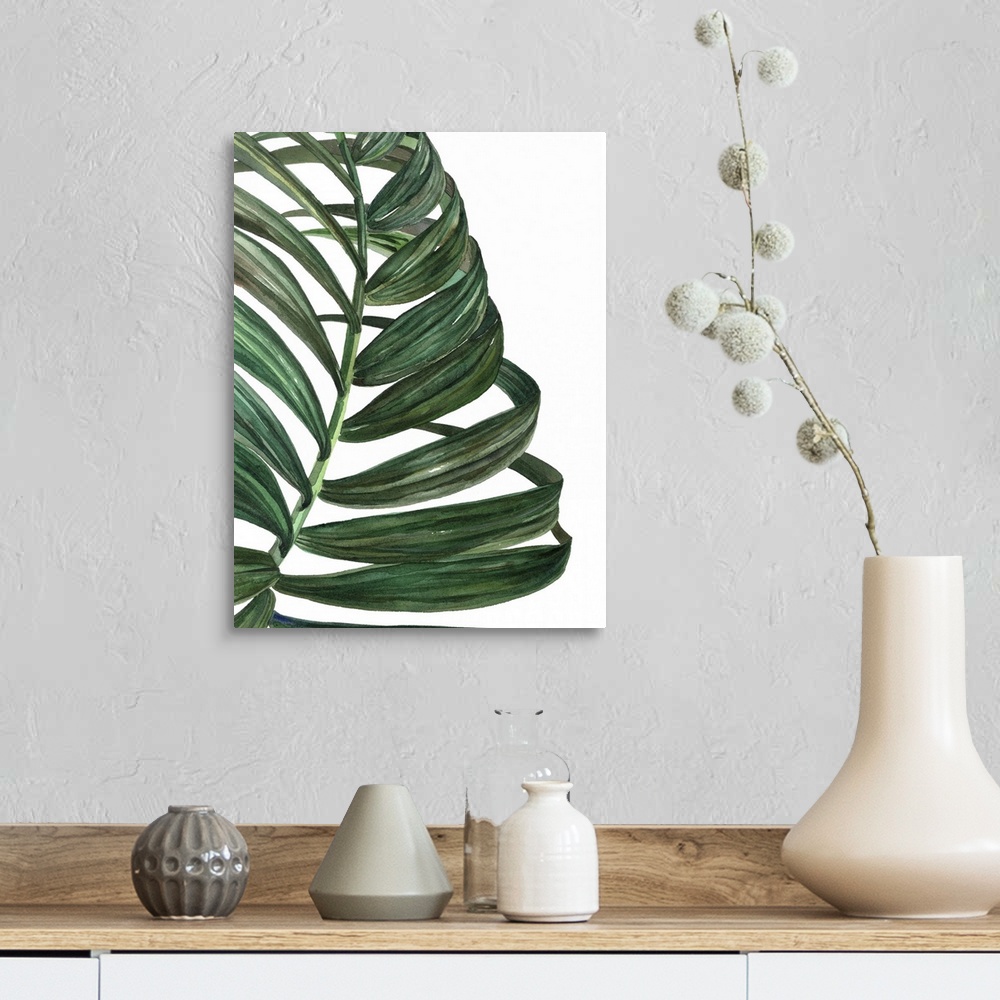 A farmhouse room featuring Mod art of a deep green palm leaf on white.