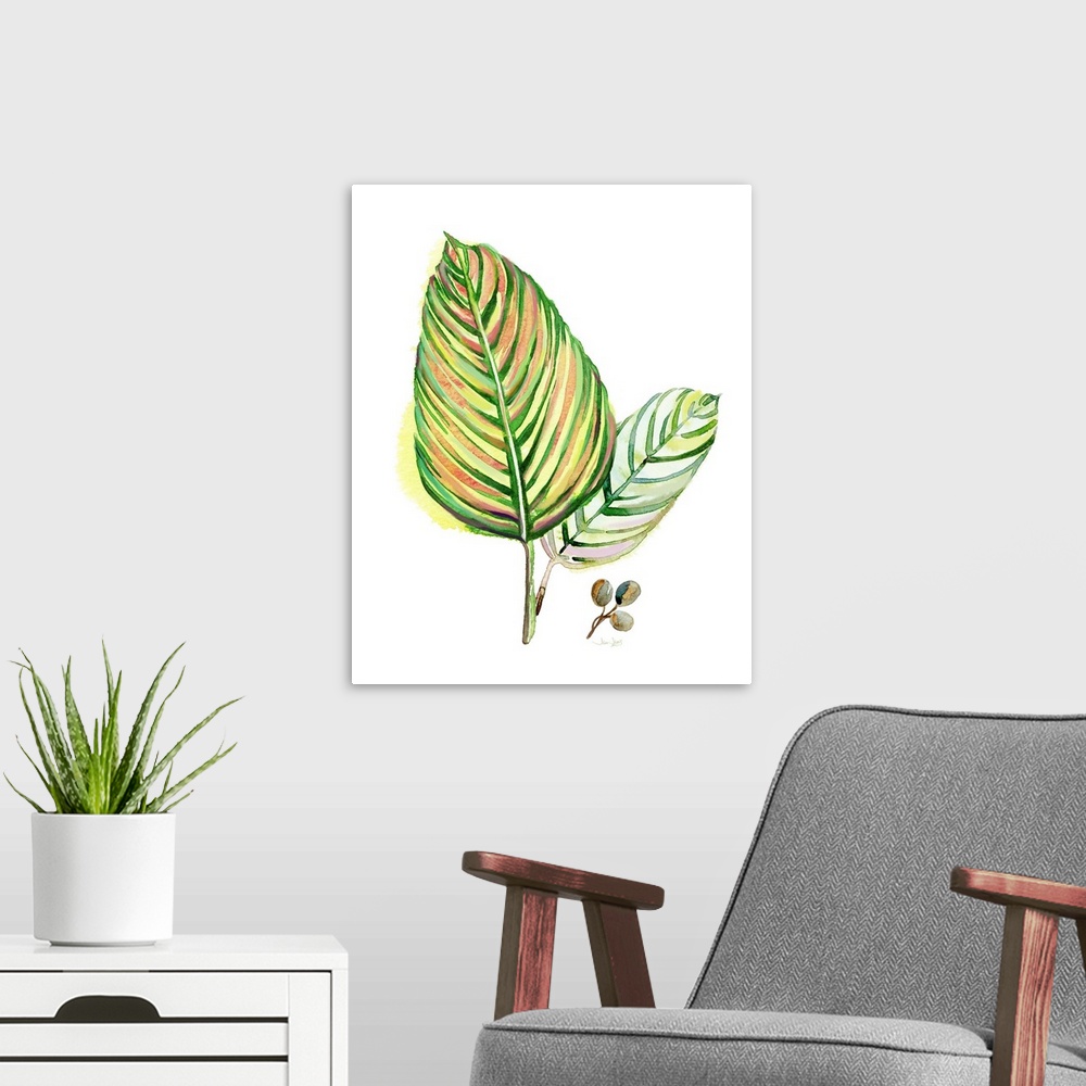 A modern room featuring Painting of two tropical palm leaves in green, yellow, orange, and pink hues on a solid white bac...