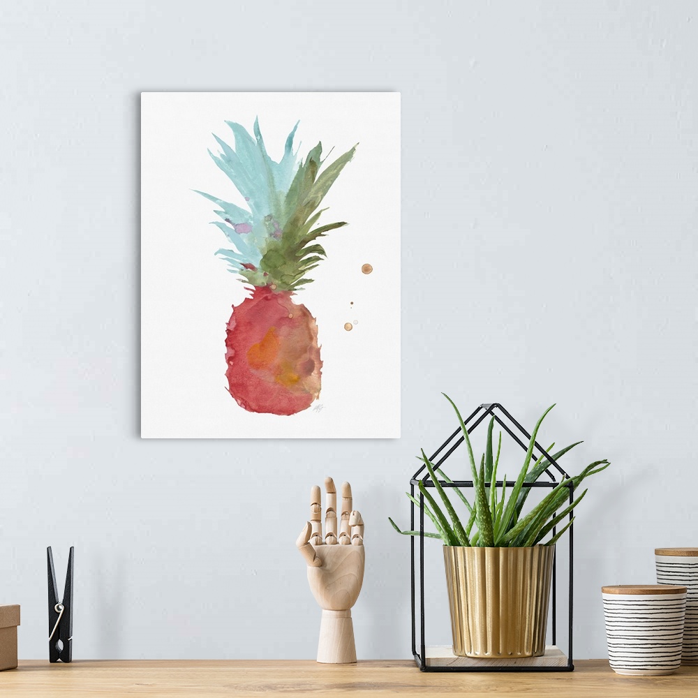 A bohemian room featuring Watercolor painting of a tropical pineapple on white.
