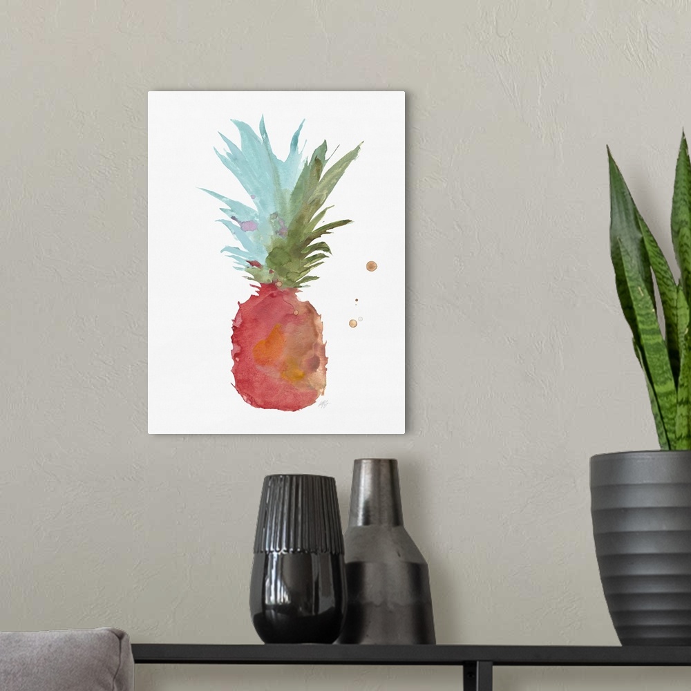 A modern room featuring Watercolor painting of a tropical pineapple on white.