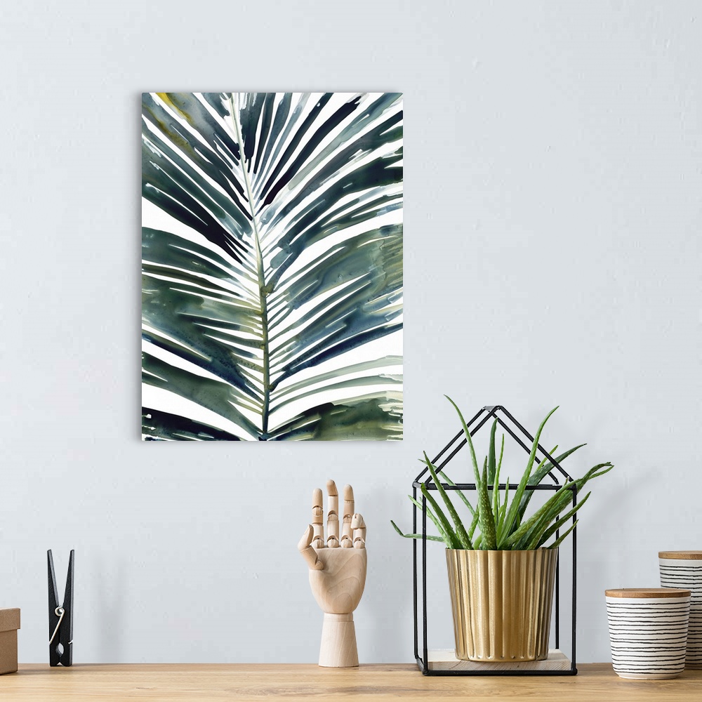 A bohemian room featuring Watercolor painting of a palm frond on white.