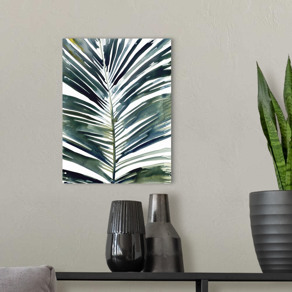 A modern room featuring Watercolor painting of a palm frond on white.