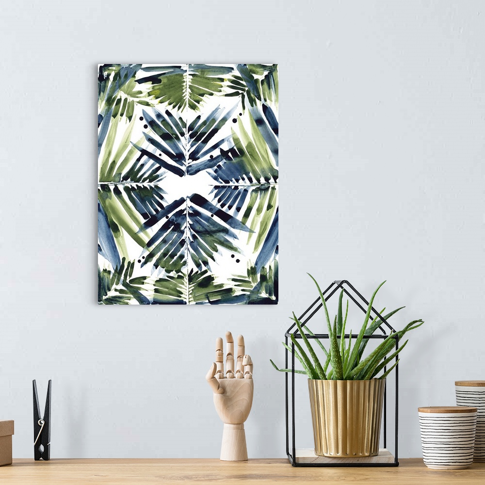 A bohemian room featuring Watercolor painting of a palm frond pattern.