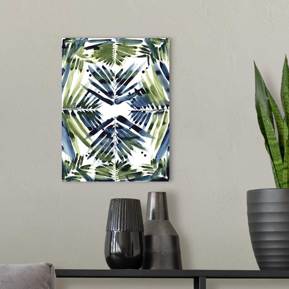A modern room featuring Watercolor painting of a palm frond pattern.