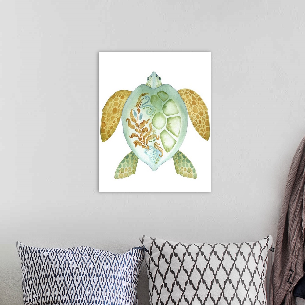 A bohemian room featuring Watercolor artwork of a sea turtle with a seaweed and fish design on its shell.