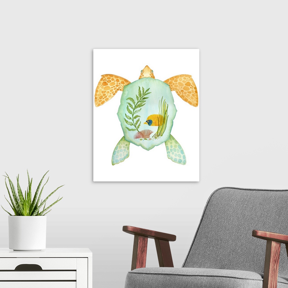 A modern room featuring Watercolor artwork of a sea turtle with a seaweed and fish design on its shell.