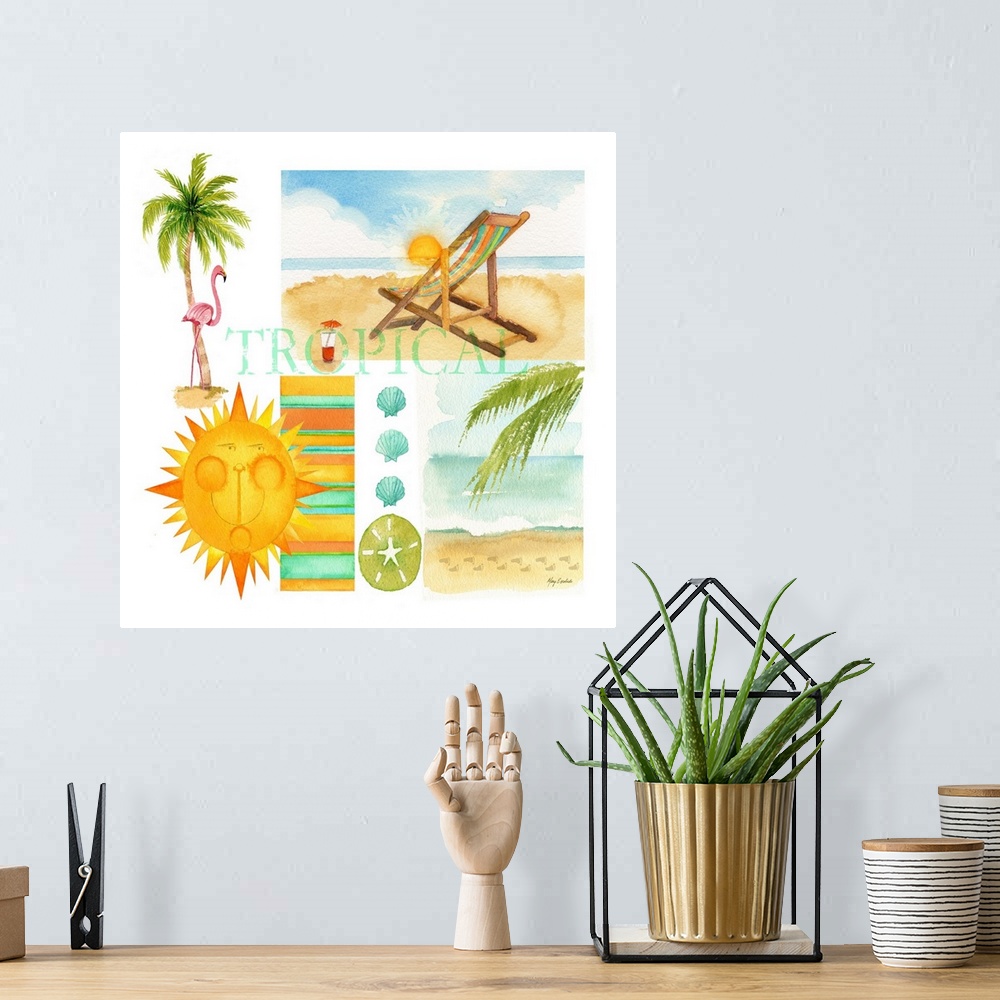 A bohemian room featuring Watercolor painting with a collage of tropical beach necessities.