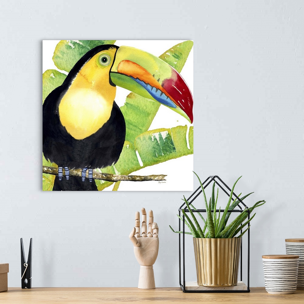 A bohemian room featuring Painting of a keel-billed toucan with tropical palm leaves.