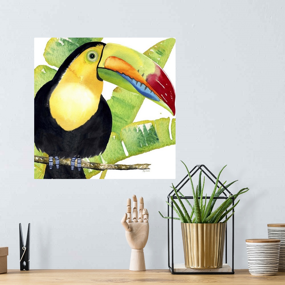 A bohemian room featuring Painting of a keel-billed toucan with tropical palm leaves.