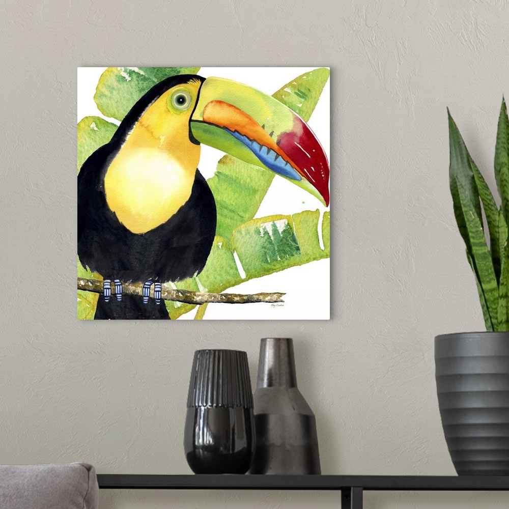 A modern room featuring Painting of a keel-billed toucan with tropical palm leaves.
