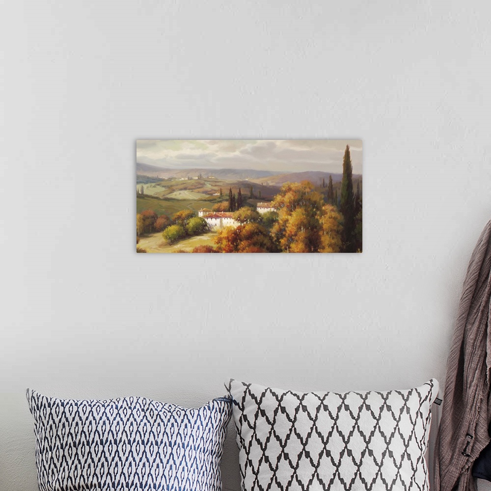 A bohemian room featuring Contemporary painting of a wide view of the Tuscan country side with rolling hills and a villa.