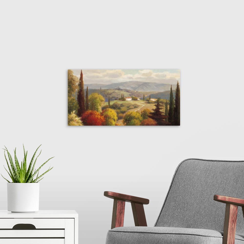 A modern room featuring Contemporary painting of a wide view of the Tuscan country side with rolling hills and a villa.