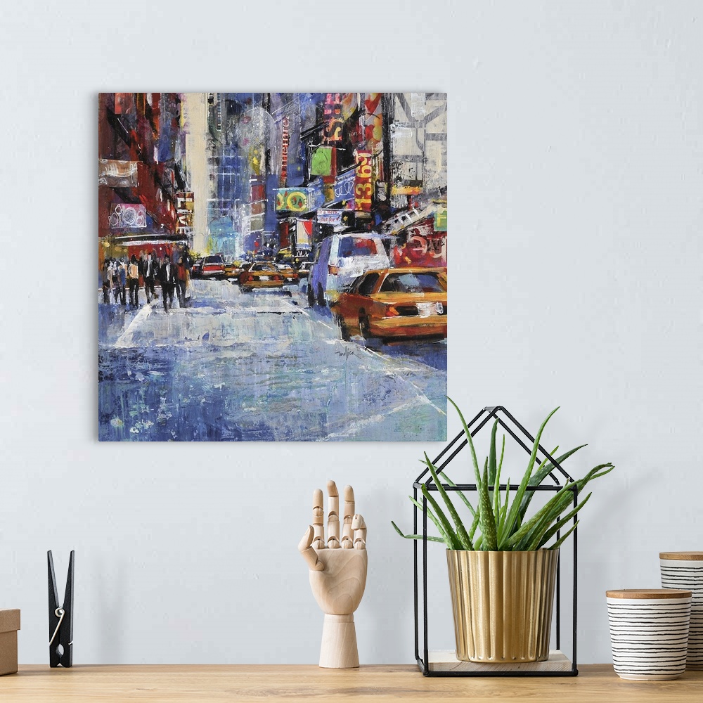A bohemian room featuring Contemporary painting of a city street lined with cars.