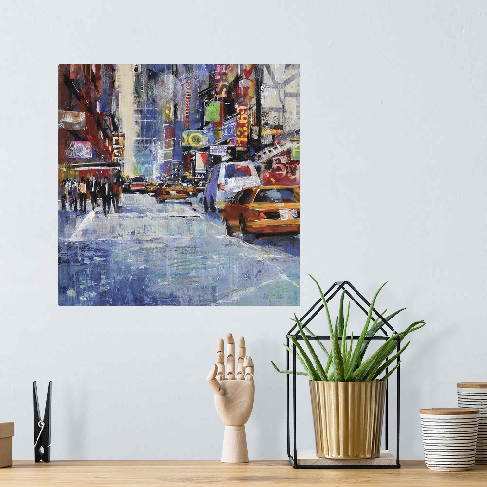A bohemian room featuring Contemporary painting of a city street lined with cars.