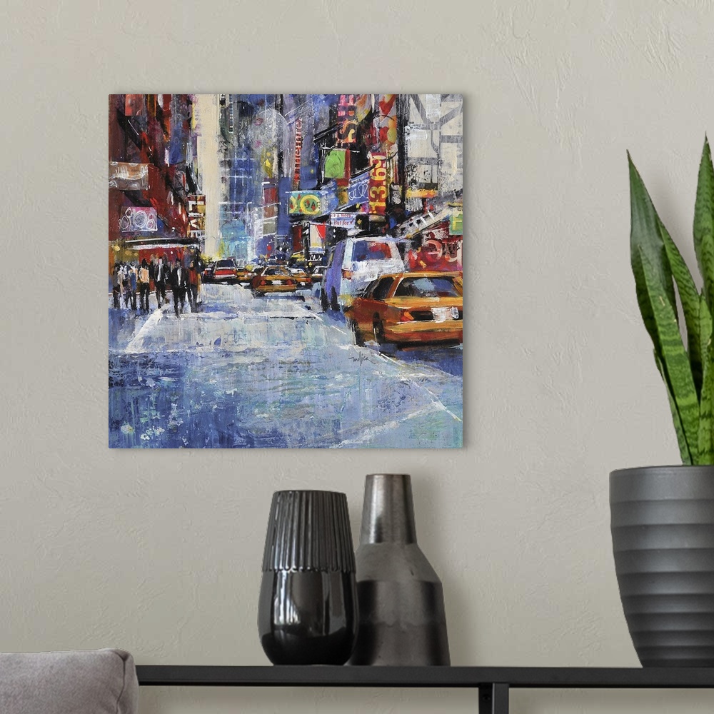 A modern room featuring Contemporary painting of a city street lined with cars.