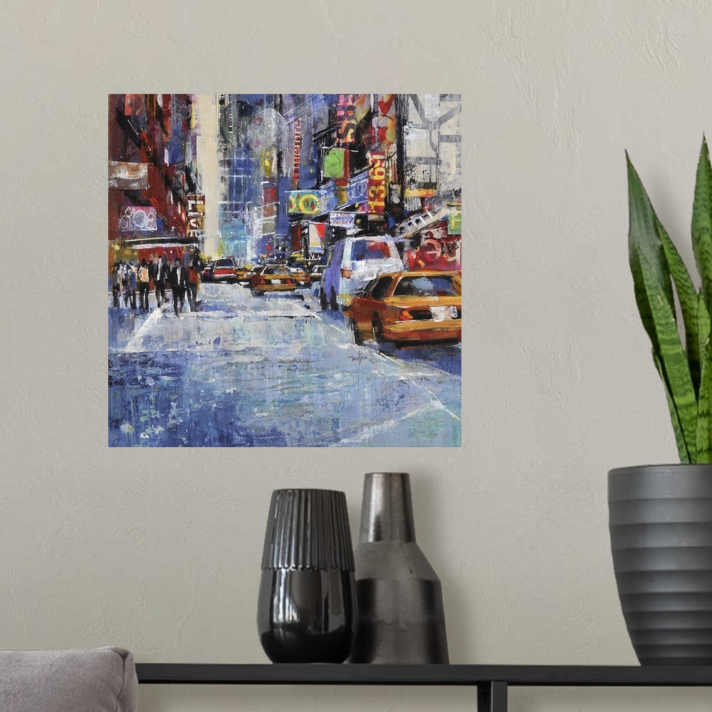 A modern room featuring Contemporary painting of a city street lined with cars.