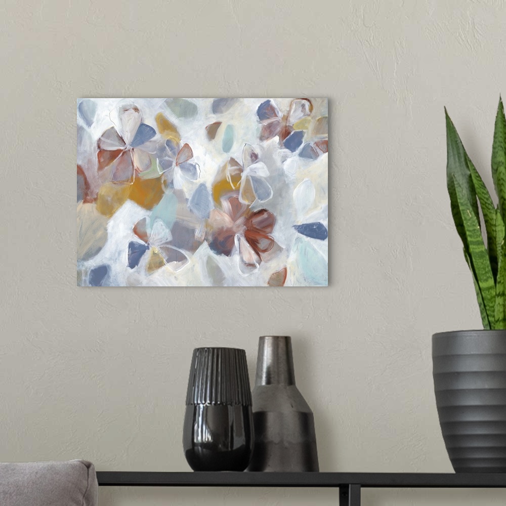 A modern room featuring Contemporary abstract painting using shapes and color resembling retro art.
