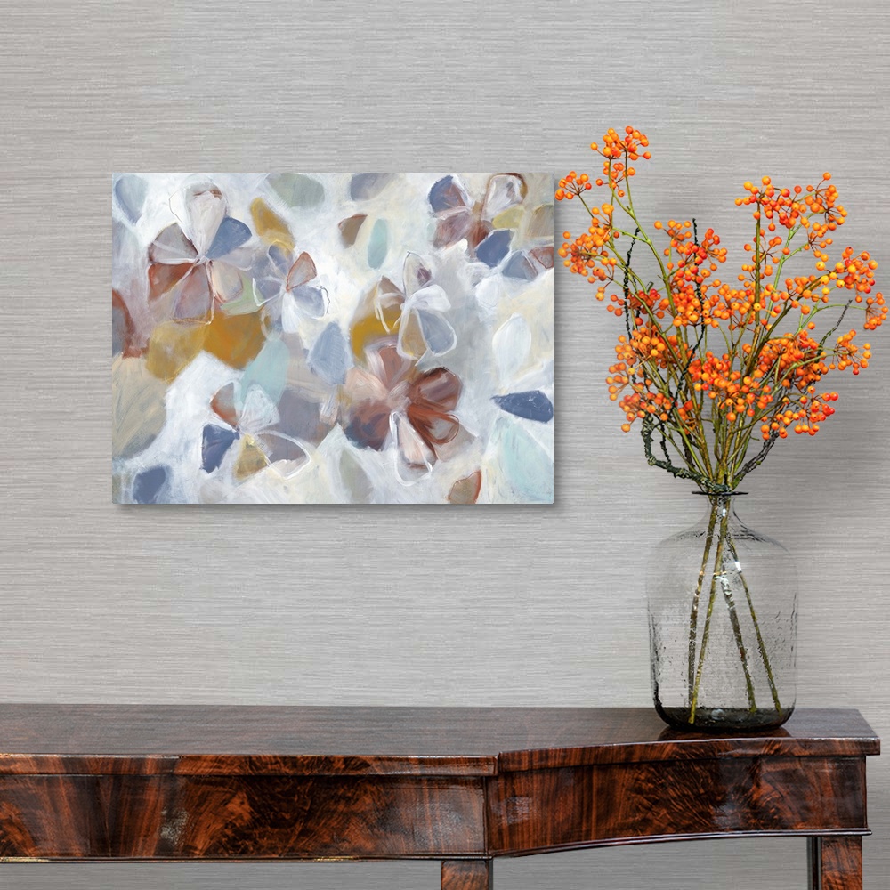 A traditional room featuring Contemporary abstract painting using shapes and color resembling retro art.