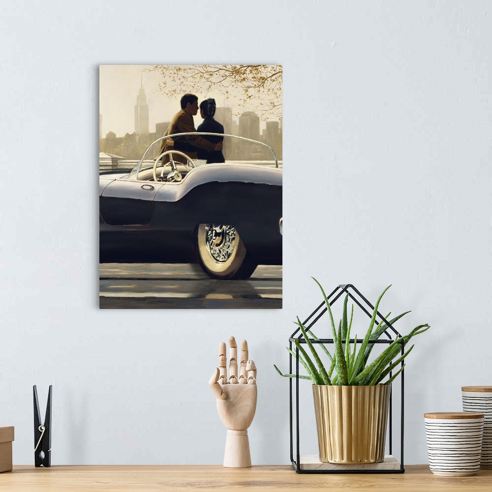 A bohemian room featuring Contemporary figurative painting of a man and woman near a vintage car looking at the New York Ci...
