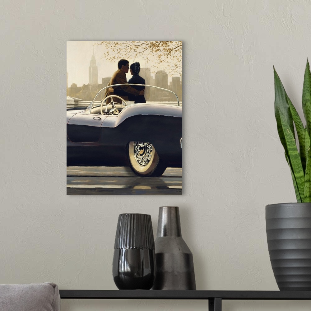 A modern room featuring Contemporary figurative painting of a man and woman near a vintage car looking at the New York Ci...