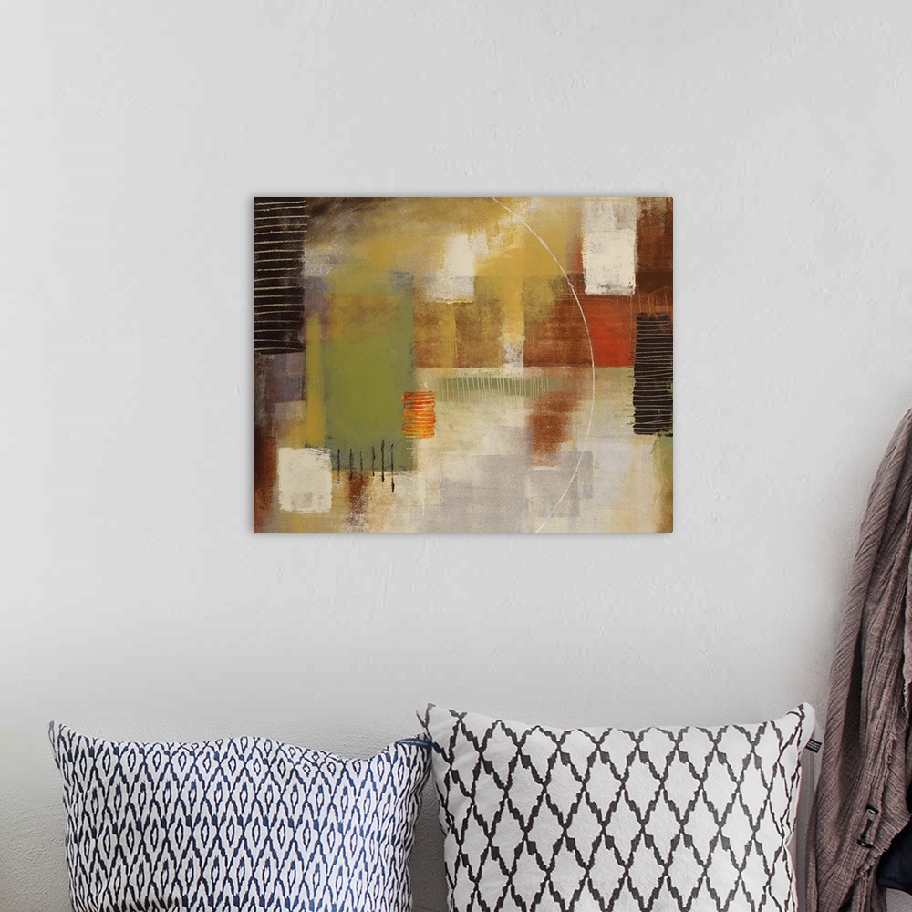 A bohemian room featuring Contemporary abstract painting using warm and cool tones in geometric patterns.