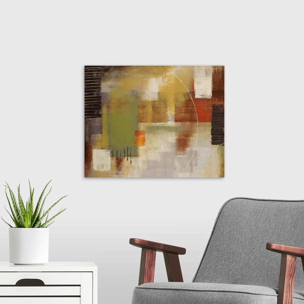 A modern room featuring Contemporary abstract painting using warm and cool tones in geometric patterns.