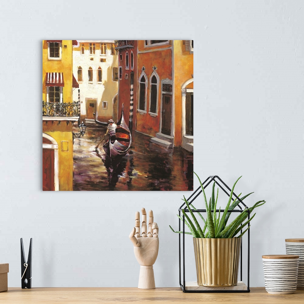 A bohemian room featuring Contemporary painting of a gondolier moving gently through the narrow canals of Venice.
