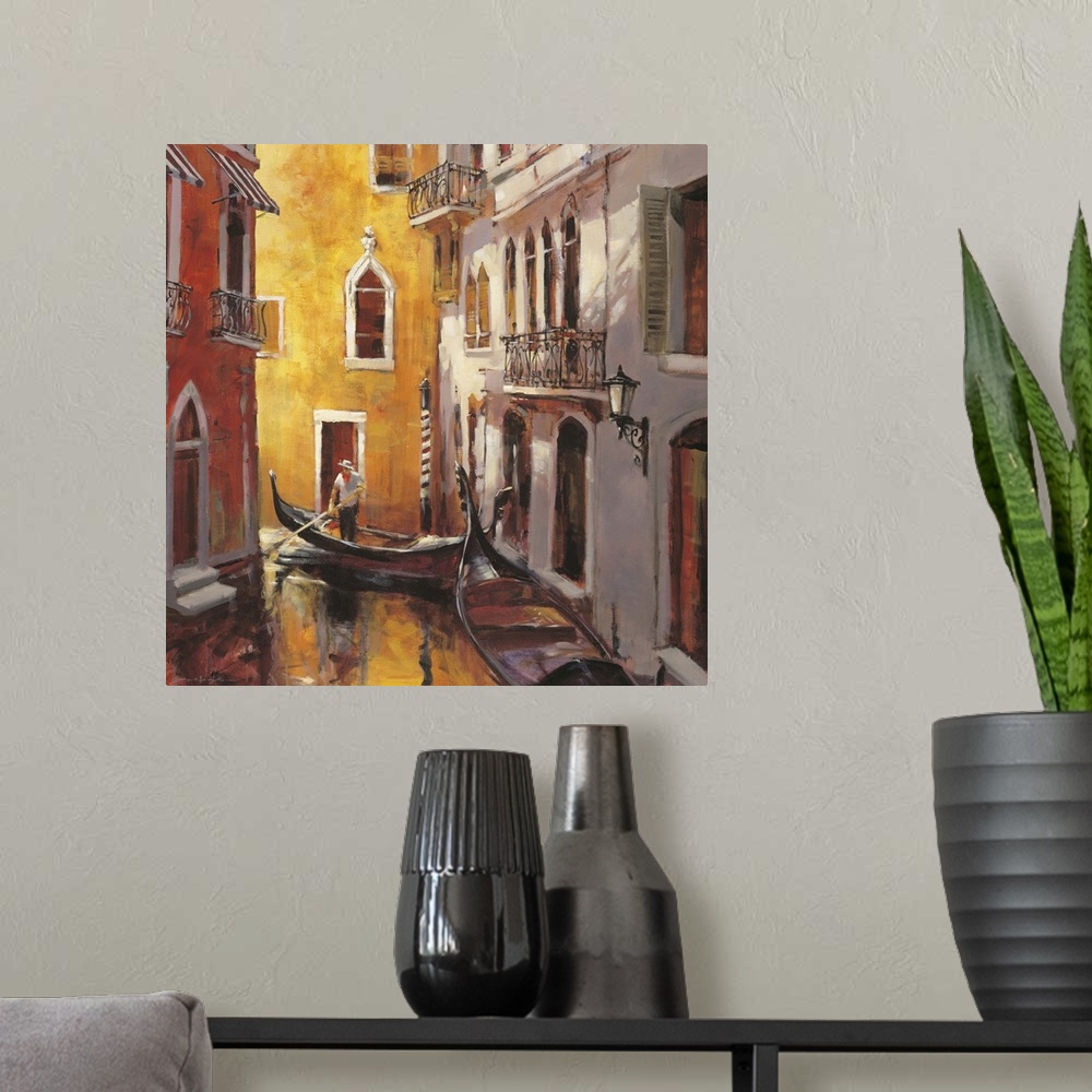 A modern room featuring Contemporary painting of a gondolier moving gently through the narrow canals of Venice.