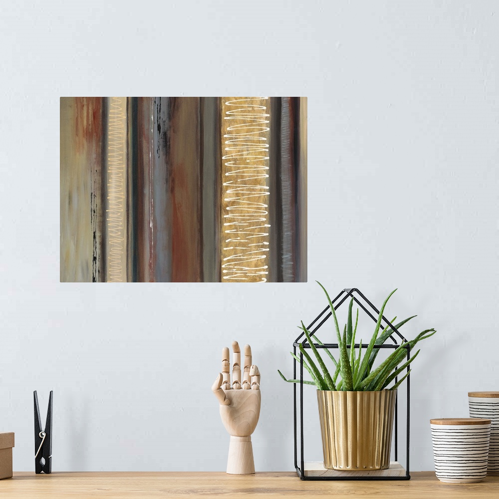 A bohemian room featuring Contemporary abstract painting of vertical lines with different patterns in earthy colors.