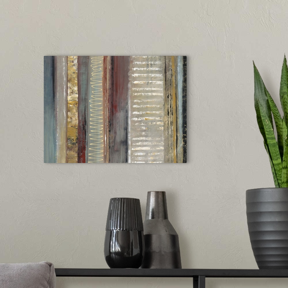 A modern room featuring Contemporary abstract painting of vertical lines with different patterns in earthy colors.