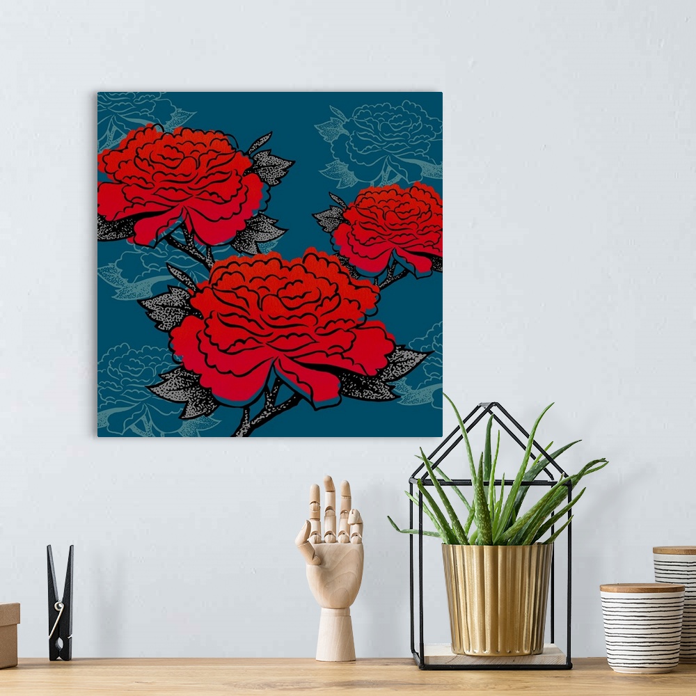 A bohemian room featuring Vintage style illustration of red flowers on dark blue.