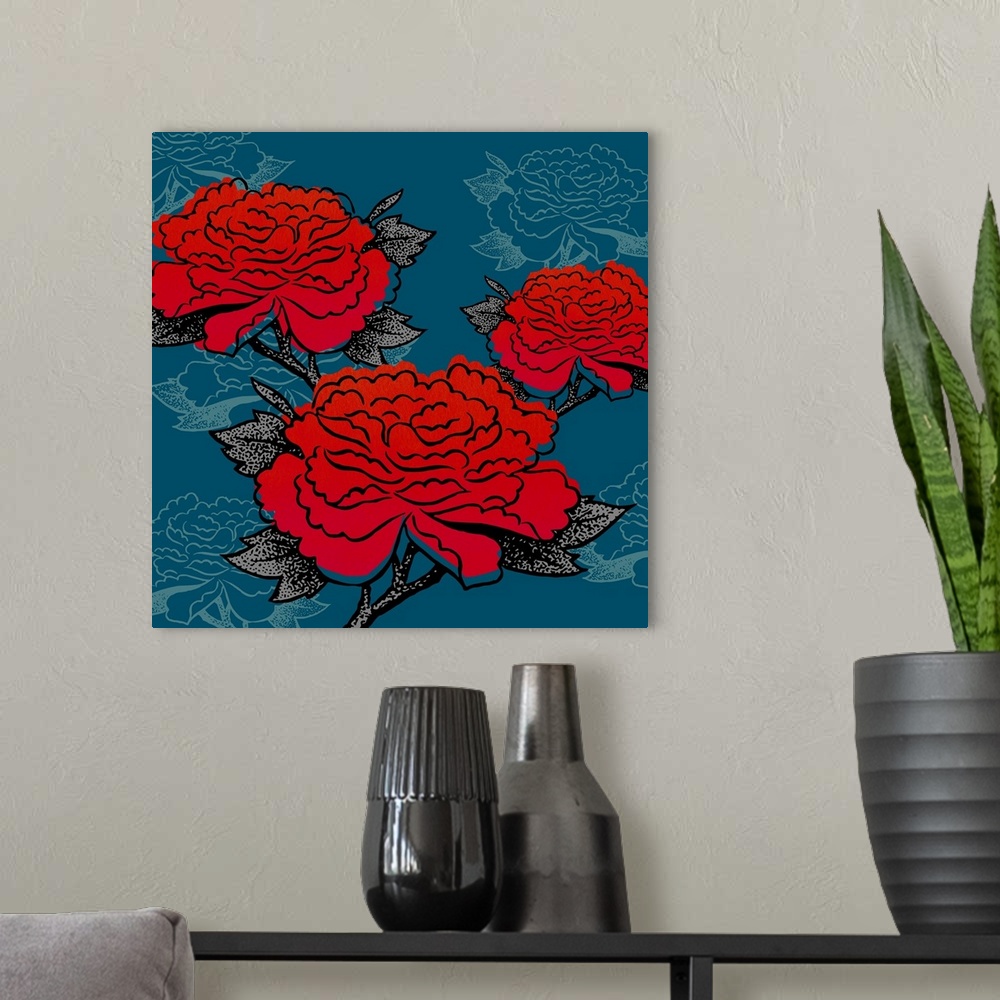 A modern room featuring Vintage style illustration of red flowers on dark blue.
