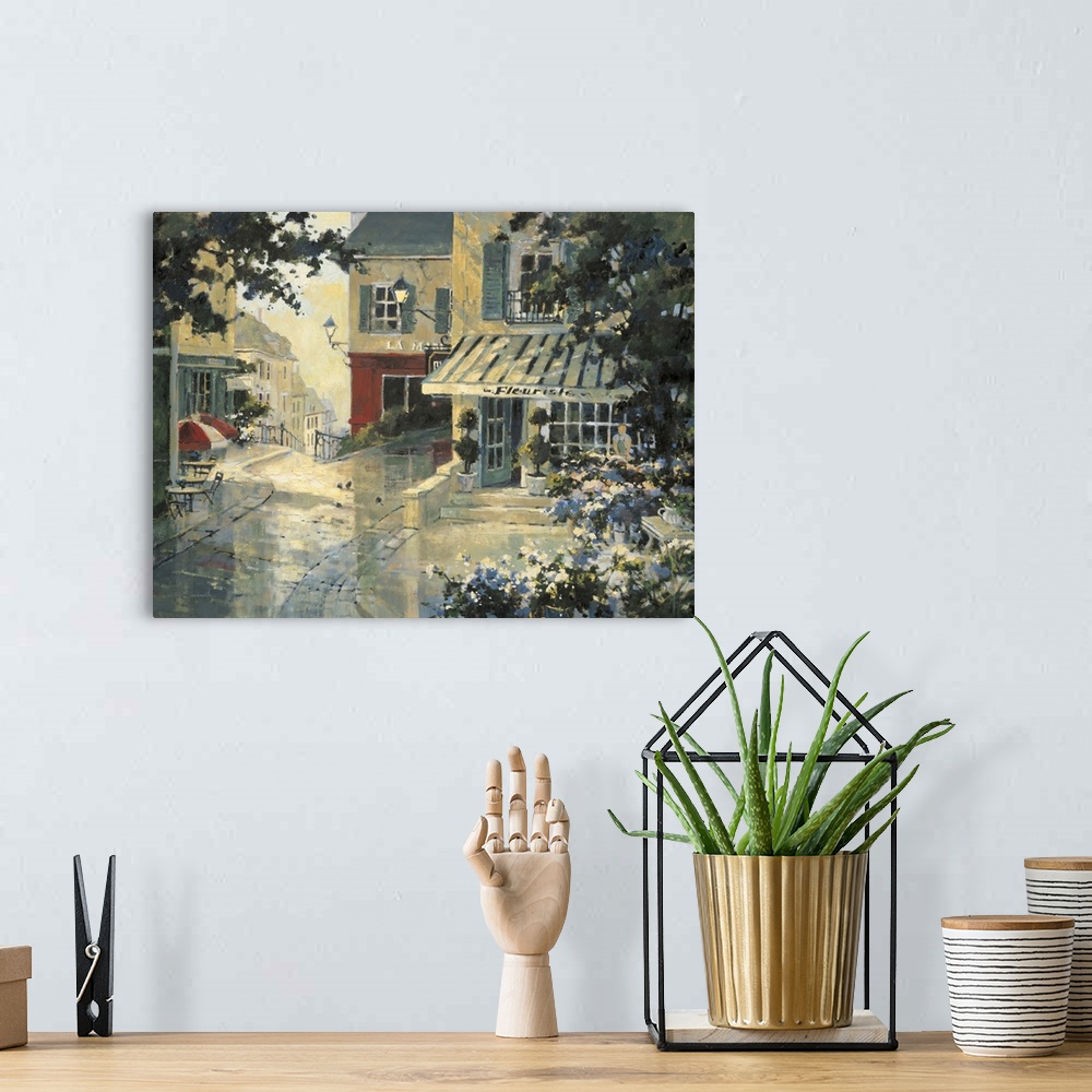 A bohemian room featuring Contemporary painting of a city street corner florist shop.