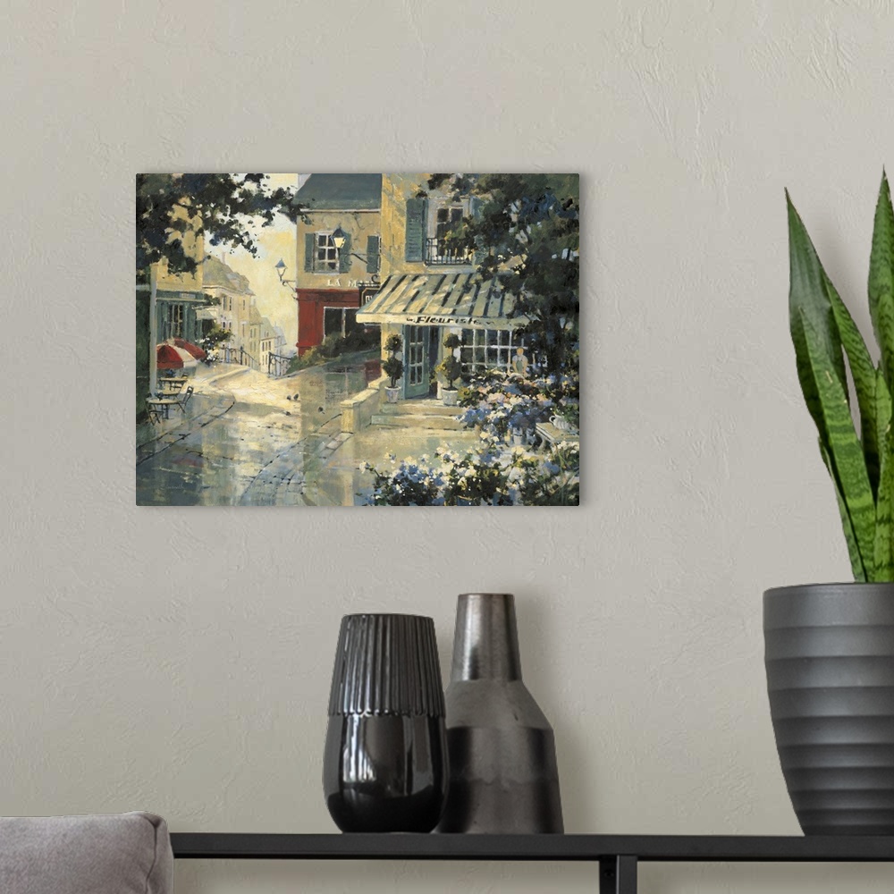A modern room featuring Contemporary painting of a city street corner florist shop.