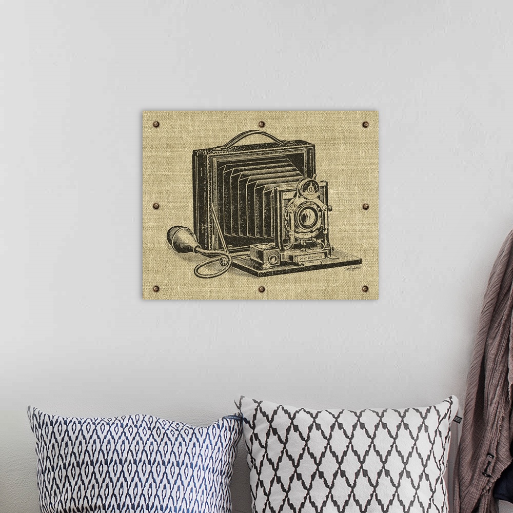 A bohemian room featuring Contemporary artwork of a camera with a vintage look.