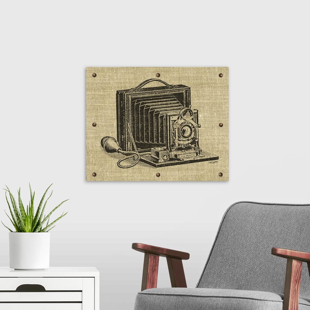 A modern room featuring Contemporary artwork of a camera with a vintage look.