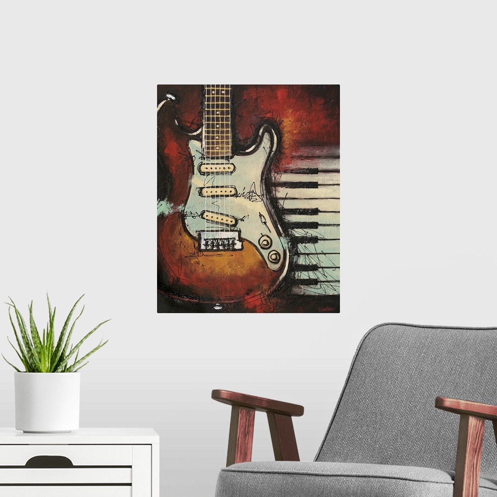 A modern room featuring Contemporary painting of a guitar with piano keys in the background.
