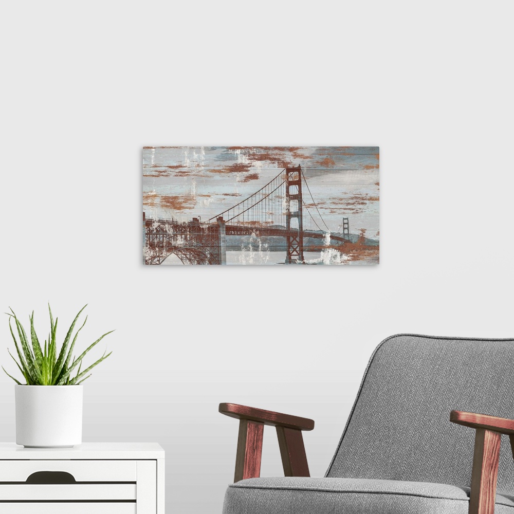 A modern room featuring Illlustration of the Golden Gate Bridge in San Francisco with a weathered texture.