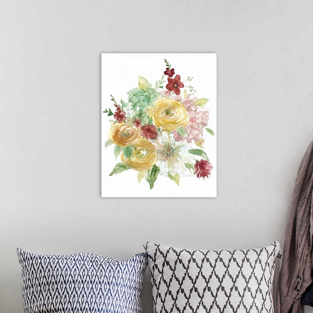 A bohemian room featuring Artwork of a variety of springtime flowers in full bloom on white.