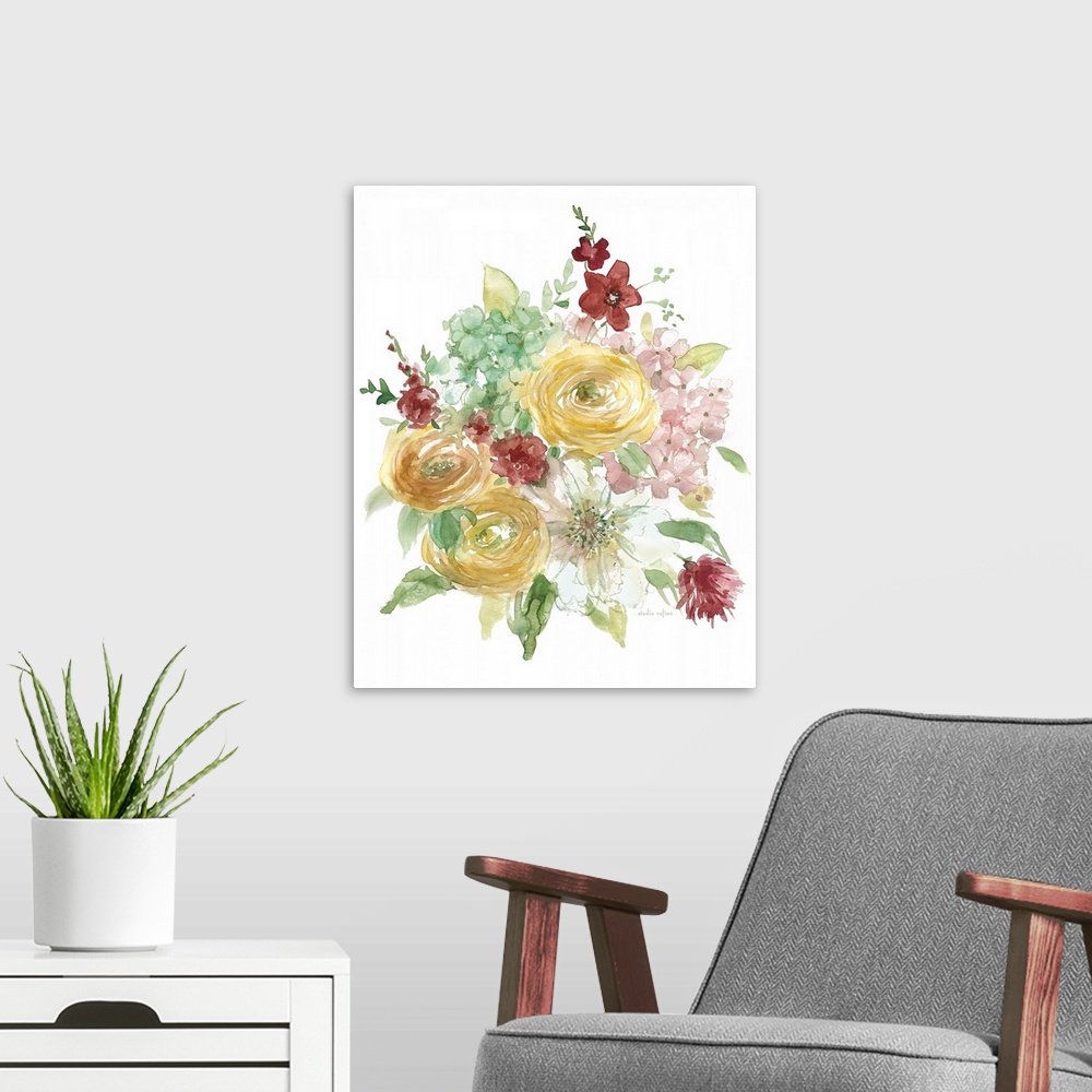 A modern room featuring Artwork of a variety of springtime flowers in full bloom on white.