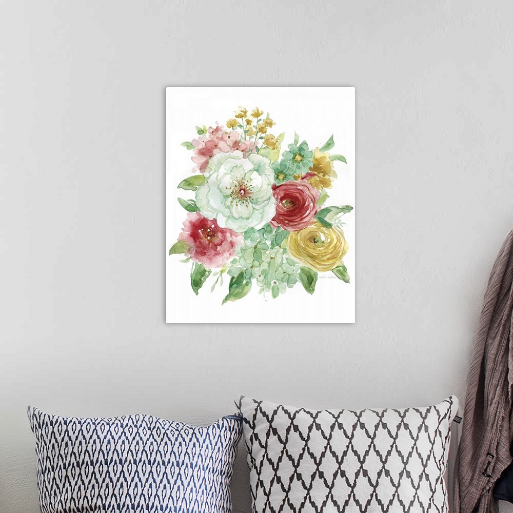 A bohemian room featuring Artwork of a variety of springtime flowers in full bloom on white.