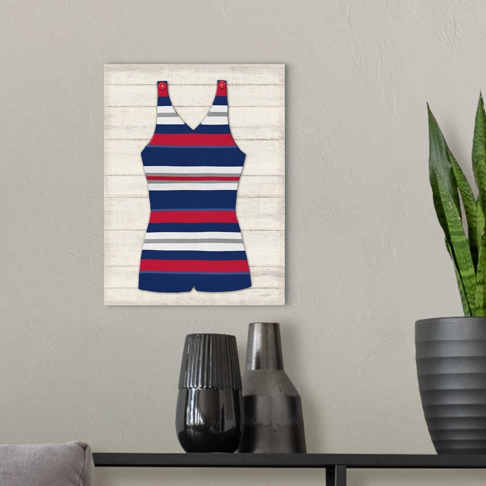 A modern room featuring Vintage Swim Suit Blue and Red I
