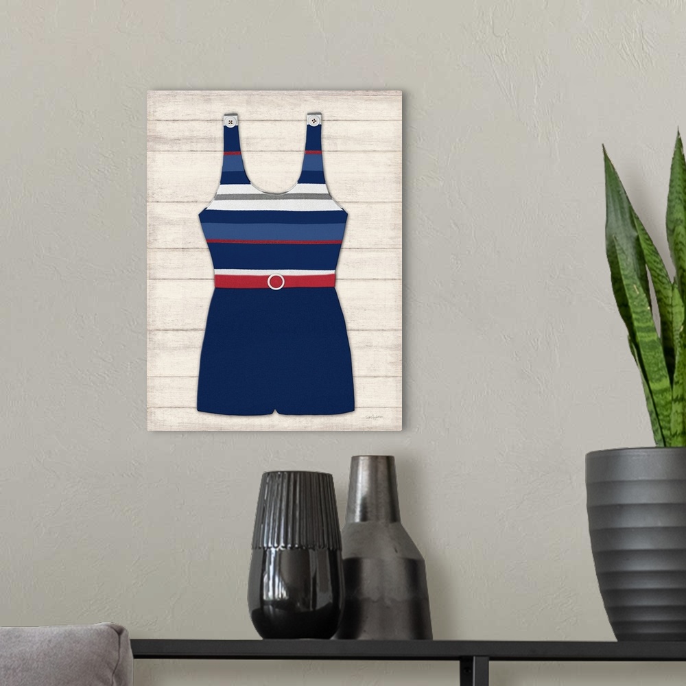 A modern room featuring Vintage Swim Suit Blue and Red II