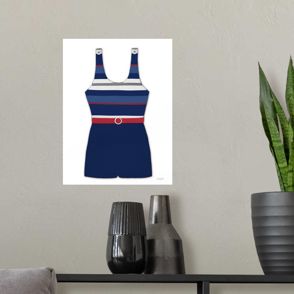 A modern room featuring Vintage Swim Suit II Blue and Red White