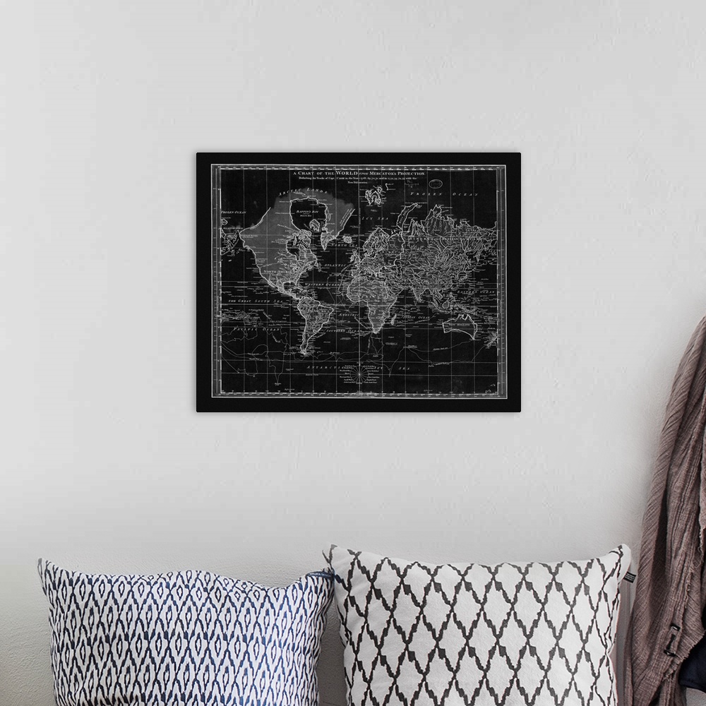 A bohemian room featuring Vintage blueprint style map of the world.