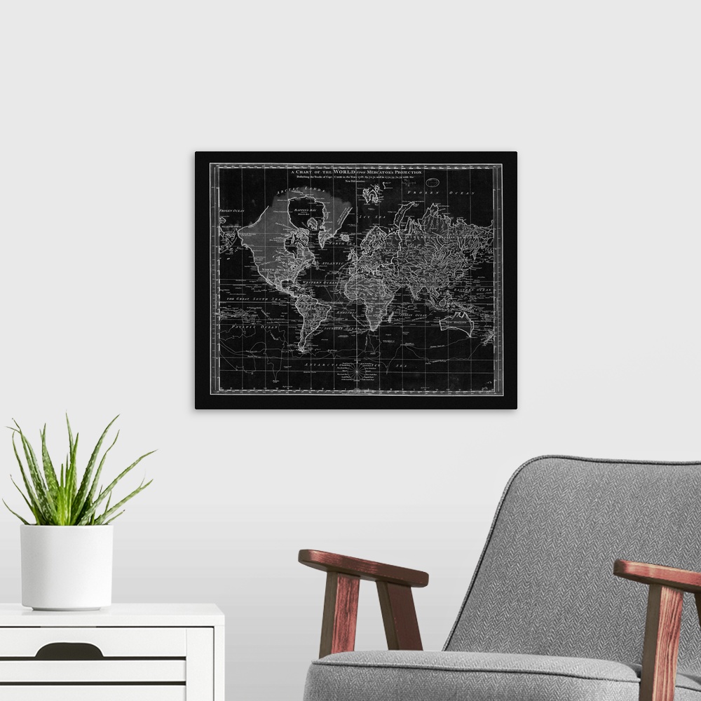 A modern room featuring Vintage blueprint style map of the world.