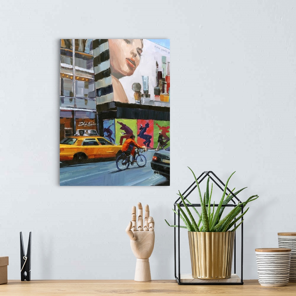 A bohemian room featuring Contemporary painting of a person riding a bicycle through the city.