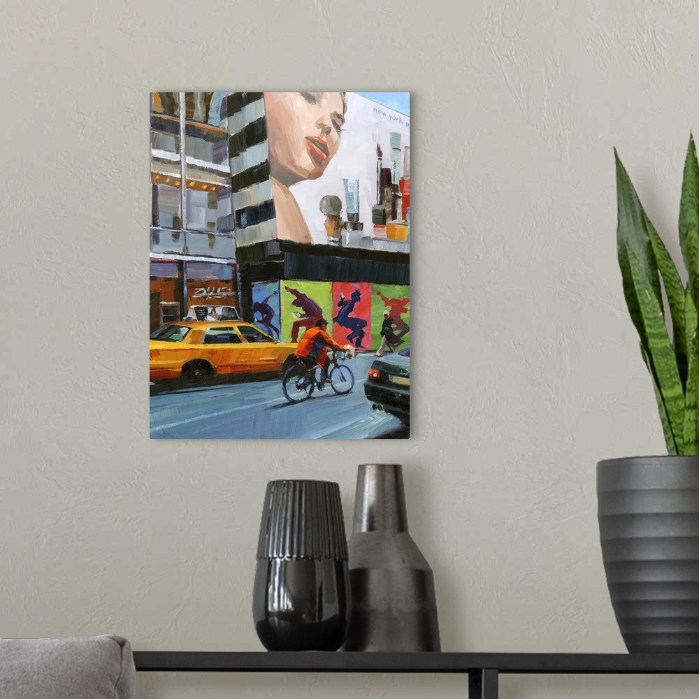 A modern room featuring Contemporary painting of a person riding a bicycle through the city.