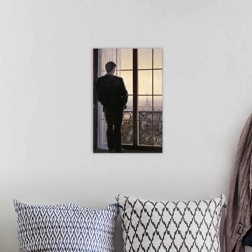 A bohemian room featuring Contemporary painting of a man looking out a window onto the city of Paris.