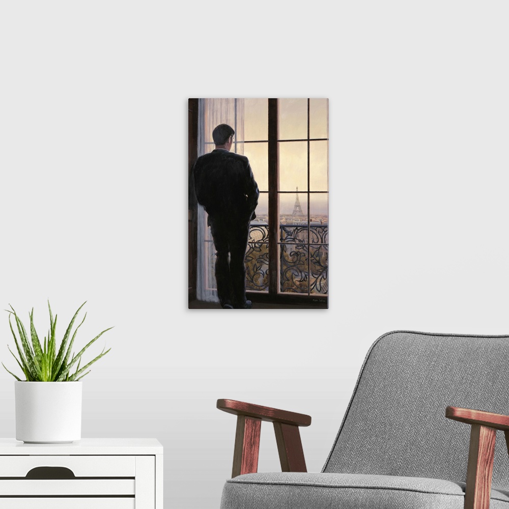 A modern room featuring Contemporary painting of a man looking out a window onto the city of Paris.